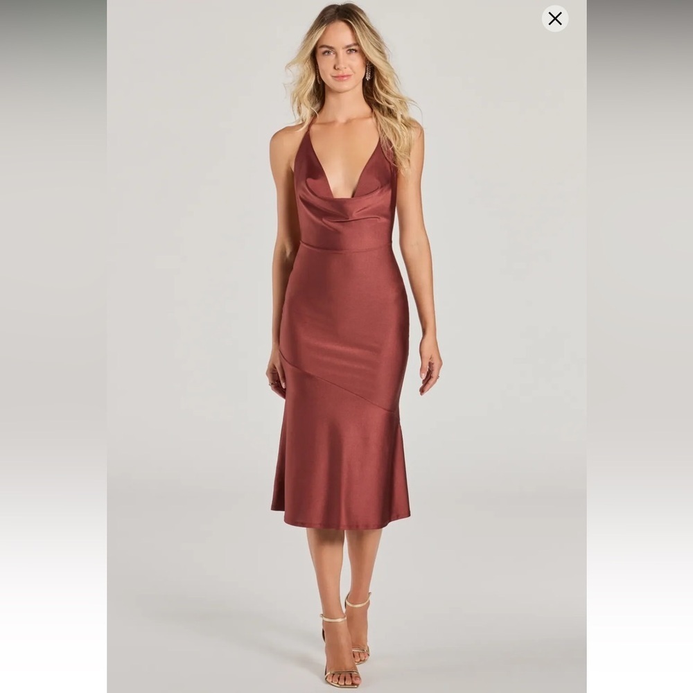 NWT Windsor Cowl Halter Midi Dress Medium Red Brown Satin A-Line Open Back